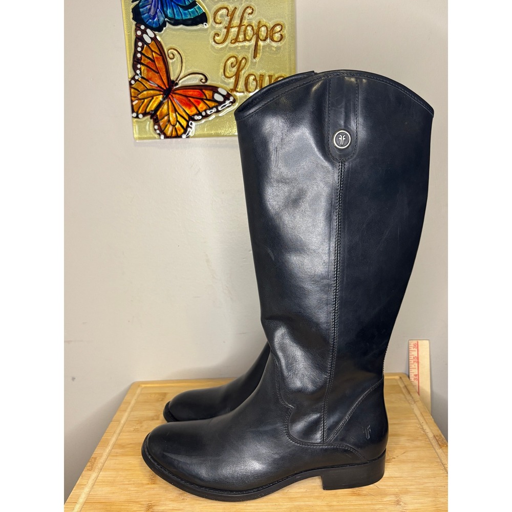 Frye Melissa Button Back Zip Black Leather Riding Boots Womens 6B Tall Boot